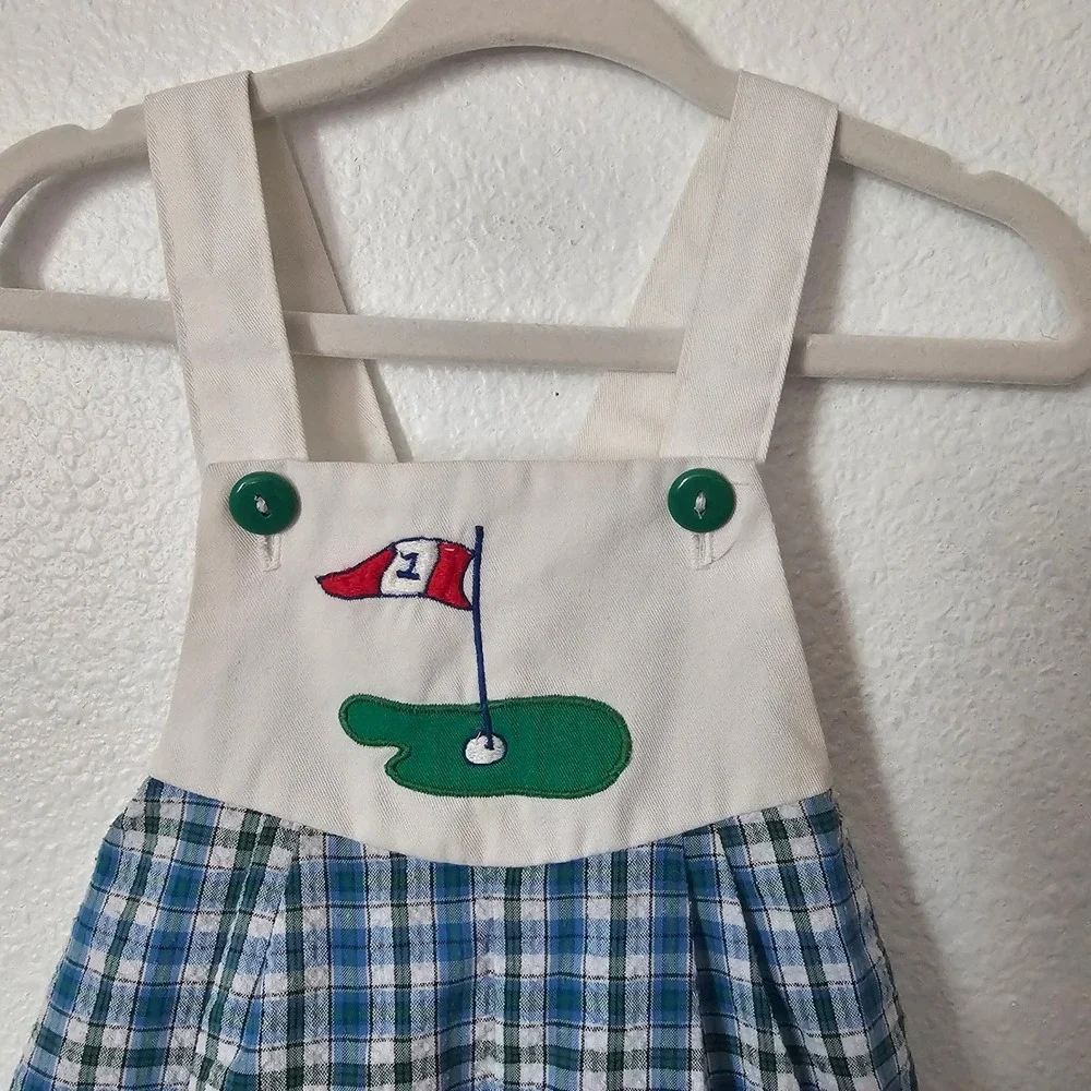 Vintage 18M Golf Teddy Bear Romper and Cardigan Set Blue Green Plaid 2pc